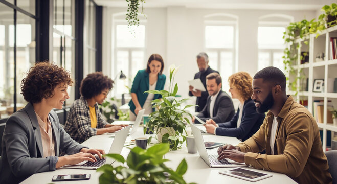 A vibrant scene capturing a diverse group of business professionals in a modern, open-plan office. 