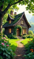 Cozy Cottage Nestled in Lush Greenery Sunlight Streams Through Windows, Evoking Peace and Tranquility. Ideal for Home, Dream, and Aspirational Imagery.