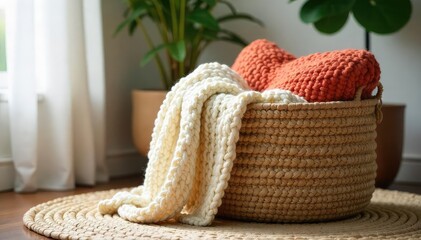 Obraz premium Cozy Woven Rug Basket Overflowing with Chunky Knit Blankets in a Neutral Living Room Corner, Perfect for Storage and Home Decor, Adding Warmth and Texture to your Space.
