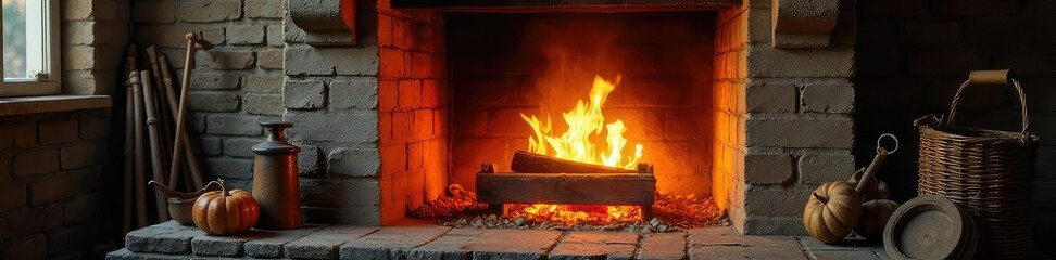Cozy Fireplace Still Life Glowing Embers, Rustic Mantel, Vintage Tools, Autumnal Warmth and Nostalgia
