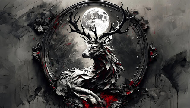 fantastico cervo dalle corna intricate con luna piena sullo sfondo e fronde di foglie colorate, fantastic deer with intricate antlers with a full moon in the background and colorful foliage