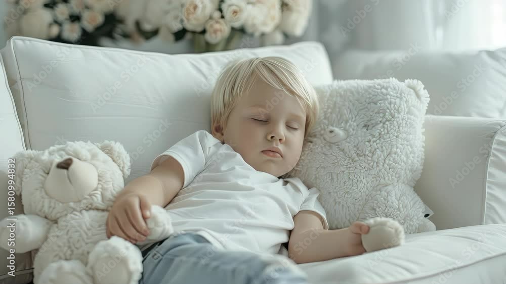 Poster a young child enjoys a serene nap while cuddling with soft toys on a comfortable couch, surrounded b