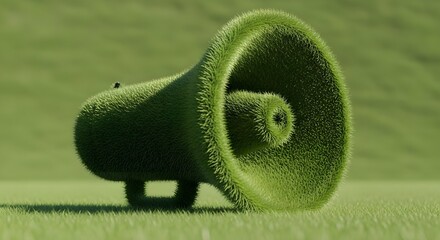 A vibrant green megaphone, uniquely textured with lush grass, stands on a verdant green background. This powerful visual symbolizes environmental communication
