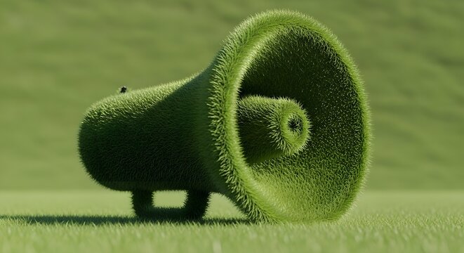 A vibrant green megaphone, uniquely textured with lush grass, stands on a verdant green background. This powerful visual symbolizes environmental communication