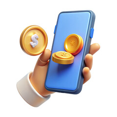 3d hand holding smartphone with gold coins isolated on transparent background