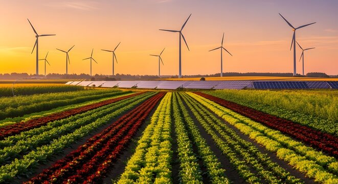 Rows of colorful crops, solar panels, and wind turbines at sunset showcase sustainable energy and