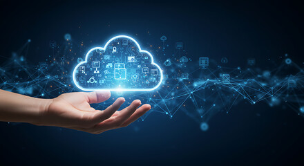 Businessman touch on cloud computing diagram show on hand. Cloud technology.