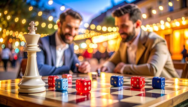 Two men playing a board game outdoors at night