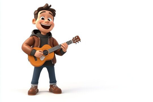 Musician playing guitar 3d render cartoon character on white background