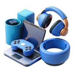 Collection of blue gaming and tech gadgets isolated on transparent background
