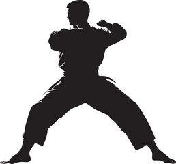 A martial artist in a wide-legged, low stance with fists held firmly at the waist. Full-length silhouette black vector illustration.