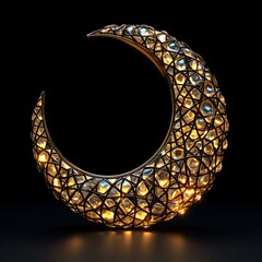 Ornate crescent moon sculpture.  Intricate design with glowing lights within