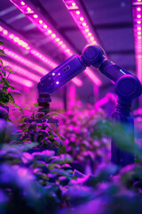 Robotic arm cultivating plant under purple LED grow lights in a modern indoor farm facility, concept of smart agriculture and automated farming
