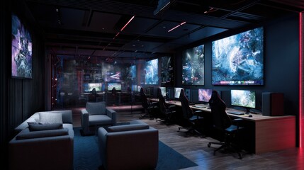 Futuristic gaming lounge with immersive screens and comfortable seating.