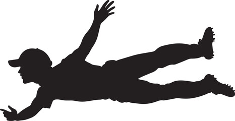 A fielder stretched out horizontally, arms reaching for the ball. full length silhouette black vector illustration