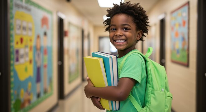 Smiling child with backpack and books in school hallway.
