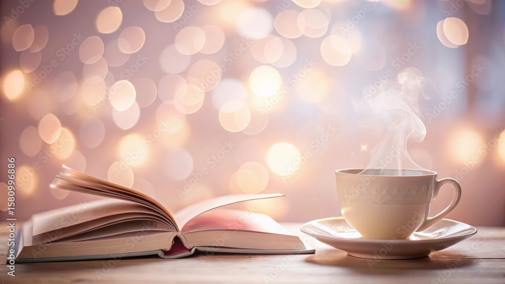 Poster a serene evening warm beverage and open book on wooden surface with soft bokeh background
