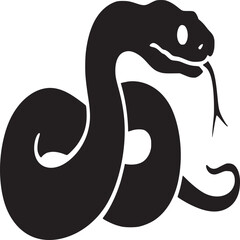A black silhouette of a coiled snake with its tongue out against a white background art