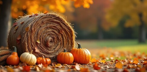 Rustic Autumn Hay Bale Decoration Fall Gourds, Pumpkins & Corn Stalks create a warm, inviting Thanksgiving and harvest scene. Perfect autumnal background for seasonal celebrations.