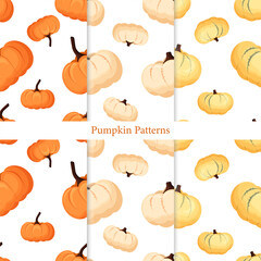 Three cheerful patterns with cartoon pumpkins in orange, yellow, and beige. Perfect for autumn decor, Halloween, Thanksgiving, greeting cards, wallpapers, packaging, and textiles. Simple style.