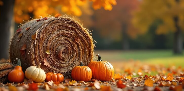 Rustic Autumn Hay Bale Decoration Fall Gourds, Pumpkins & Corn Stalks create a warm, inviting Thanksgiving and harvest scene. Perfect autumnal background for seasonal celebrations. - Powered by Adobe
