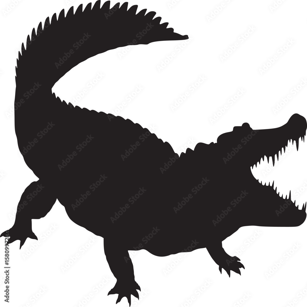 Poster silhouette of a crocodile with its mouth open showing sharp teeth on a white background view