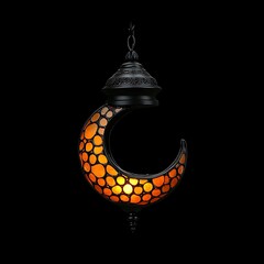 Ornate, crescent moon-shaped pendant lamp with stained glass accents