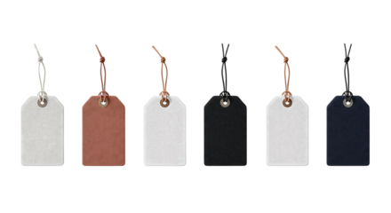 Set of blank price tags or labels in various colors. Isolated on transparent background, png
