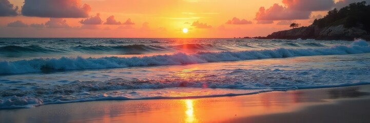 Serene Sunset Beach Scene Tranquil Waves Gently Lap the Shore, Evoking Relaxation and Escape