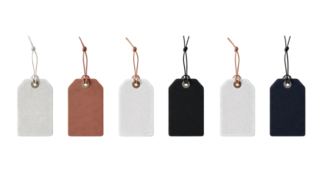 Set of blank price tags or labels in various colors. Isolated on transparent background, png