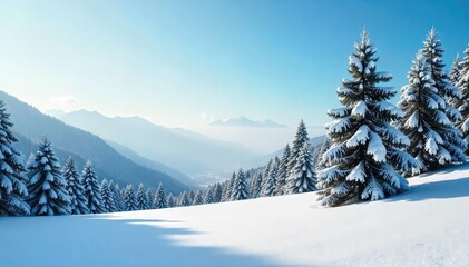 Fototapeta premium Serene Winter Wonderland Snow-Covered Landscape with Vibrant Green Pine Trees and Crisp Blue Sky ? Tranquil Nature Scene