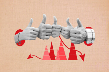 Collage of teamwork and collaboration symbolized by hands pile stack joining together graph arrow...