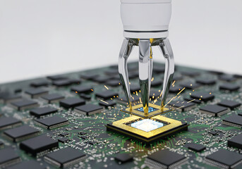 Macro view of ai robot hand manufacturing and installing a microchip, processor onto a circuit board, advanced electronics machine manufacture technology.
