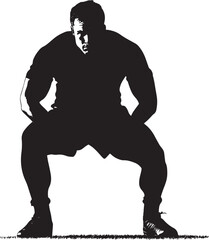 Fototapeta premium Crouched Rugby Pose Player in a low stance, preparing to move, black silhouette.