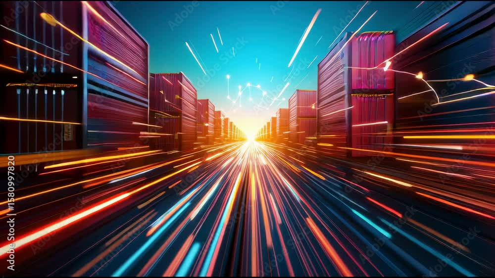 Poster futuristic digital data flow with glowing lines and containers showcasing dynamic technology and fas