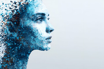 Portrait of a woman dissolving into abstract blue particles representing transformation and self-discovery in the digital age