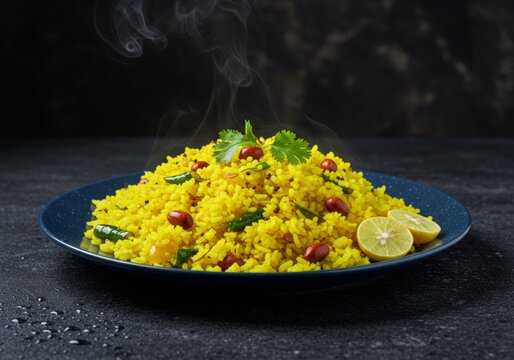 Hot yellow poha garnished with peanuts, green chili, lemon, and coriander on a dark plate