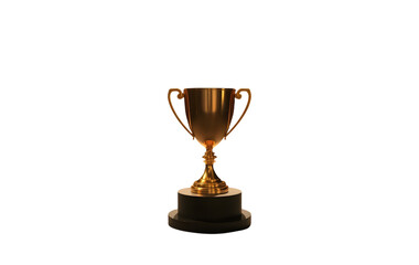 Golden cup isolated on transparent background – glowing gold trophy on velvet podium with dramatic spotlight and subtle bokeh . trophy, cup, gold, award, winner, success, prize, achievement . PNG.

