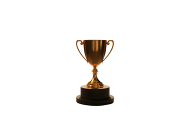Golden cup isolated on transparent background – glowing gold trophy on velvet podium with dramatic spotlight and subtle bokeh . trophy, cup, gold, award, winner, success, prize, achievement . PNG.