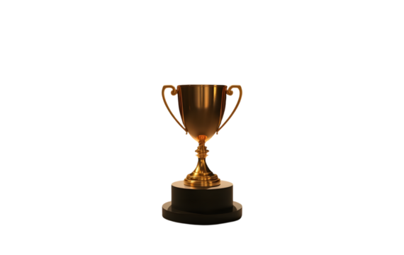 Golden cup isolated on transparent background – glowing gold trophy on velvet podium with dramatic spotlight and subtle bokeh . trophy, cup, gold, award, winner, success, prize, achievement . PNG.