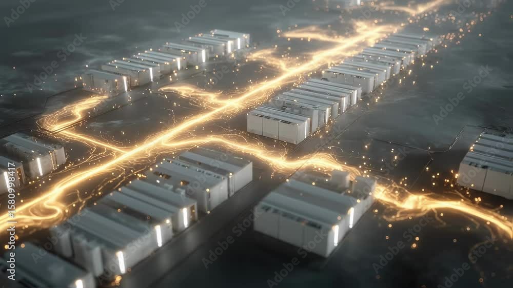 Poster glowing lines of data flow connecting server units in a futuristic data center, symbolizing innovati