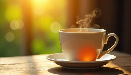 Fototapeta premium Warm Sunlight Illuminates a Steaming Cup of Tea, Evoking Feelings of Comfort and Relaxation ? Perfect for Wellness Blogs, Websites, and Social Media