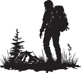 Leaving the Campsite Person walking away, glancing back at the fire or packed site, heading down the trail, full-length silhouette vector.