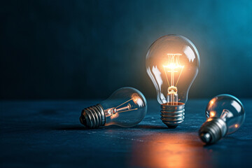 one floating light bulb, brightly lit, Two extinguished light bulbs lie around on a dark blue background 