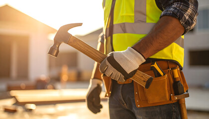 Construction worker or carpenter holding a hammer, a versatile tool for wood and home repair in the building industry