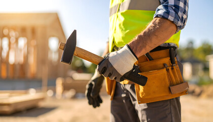 Handyman with Hammer: Close-up of a craftsman holding a hammer, symbolizing construction, carpentry, and the building trades.