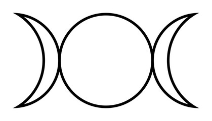 Triple Goddess, Triple Moon symbol. Deity archetype revered in Neopagan traditions. Triunity of Maiden, Mother and Crone, represented by a circle and two crescents, for waning, waxing, and full moon.