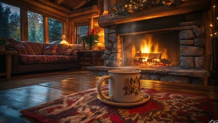 Steaming drink in cozy cabin setting with fireplace and warm light - Powered by Adobe