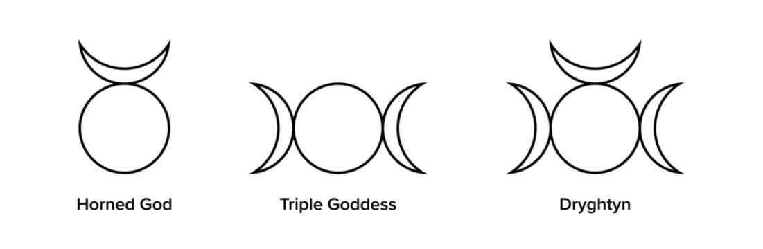 Horned God, Triple Goddess, and Dryghtyn symbols. Archetype deities in Wicca and Neopaganism. Horned God as male part, the Triple Moon as Mother Goddess, and Dryghtyn, the unknowable supreme deity.