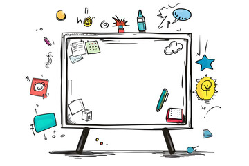 Whiteboard with school supplies doodle, isolated on transparent background